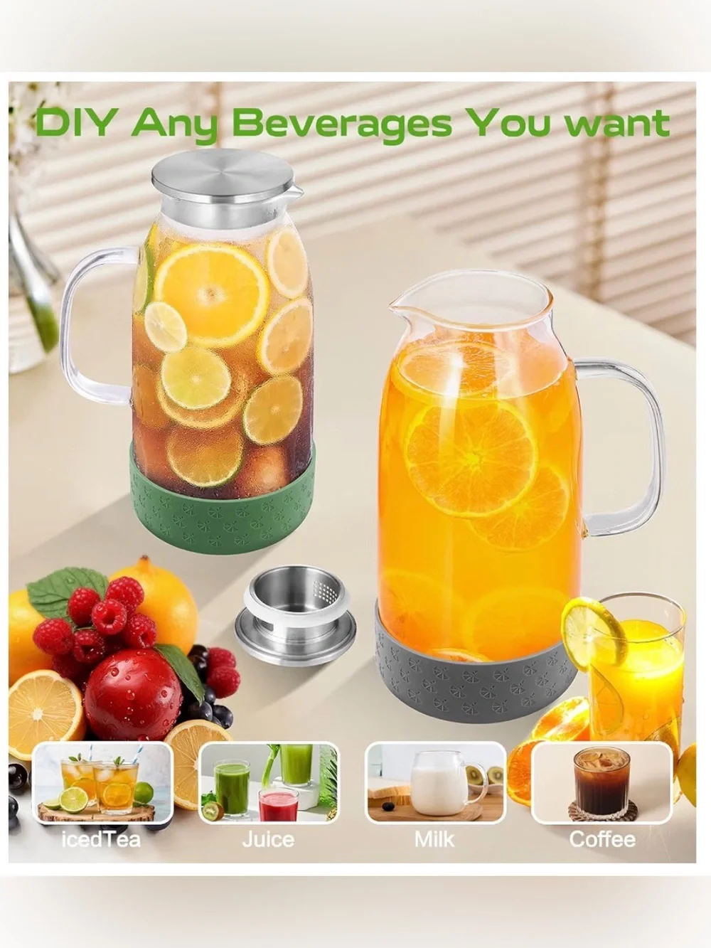 4/68 oz. Glass Pitcher with handle, lid & silicone removable base. New in Box NW